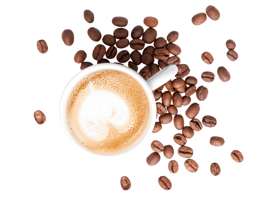Coffee cup surrounded by scattered coffee beans.